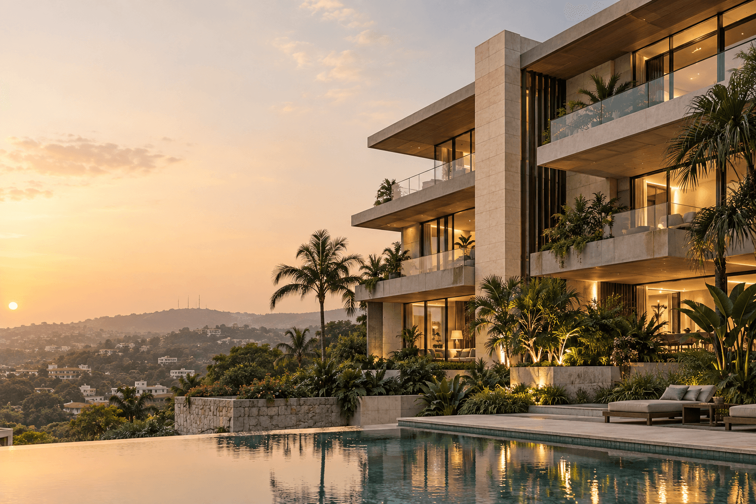 Contemporary residential building at dusk